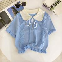 ราคา MT717 1 เสื้อยืดไหมพรม คอปก แขนสั้น ใส่ง่ายสบายๆ ผ้าบางเบา ดีเทลลายผ้าผูกโบว์ (22435327956)