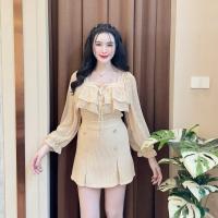 ราคา ชุดเซตผ้าเปลือกไม้ เสื้อแขนยาวผ้าซีฟองพิมพ์ ลายดอก ระบายอกผูกโบว์อก กางเกงกระโปรงเอวเรียบสม็อคหลังแต่งกระดุม (24396891299)