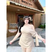 ราคา 167 มินิเดรสแขนกุดปาดไหล่เฉลียงผูกโบว์สีครีม ชุดเดรสาวอวบ (24452594787)