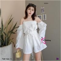 ราคา P16639 Set 2 ชิ้น เสื้อเกาะอกสายเดี่ยว แขนยาว กางเกงขาสั้น (15774136170)