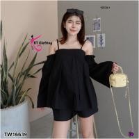 ราคา P16639 Set 2 ชิ้น เสื้อเกาะอกสายเดี่ยว แขนยาว กางเกงขาสั้น (15774136172)