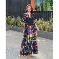 ราคา ชุดเดรสมัดย้อม ชุดใส่หน้าร้อน ผ้ามัดย้อม ชุดเที่ยวทะเล เดรสเปิดไหล่ ชุดมัดย้อม สีสด มีหลายลาย (23283766856)