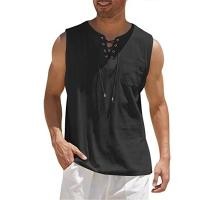 ราคา Mens Casual Vest Cotton Linen Sleeveless Shirts Lace Up Shirts Retro V Neck Tank Tops Loose Shirt Male Solid Color Clothes Vacation Beach Tees (22978045534)
