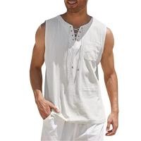 ราคา Mens Casual Vest Cotton Linen Sleeveless Shirts Lace Up Shirts Retro V Neck Tank Tops Loose Shirt Male Solid Color Clothes Vacation Beach Tees (22978045532)