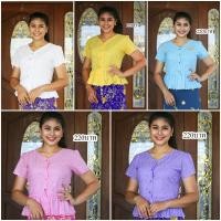 ราคา s 4xL เสื้อลูกไม้คอวีเอวระบาย เสื้อไปวัด เสื้อใส่กับผ้าถุง (10919194353)