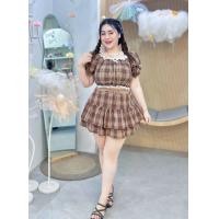 ราคา NT003 เซ็ทสก็อต2ชิ้น เสื้อตุ๊กตาจั๊มเอว กระโปรงระบายสาวอวบ (24491776240)