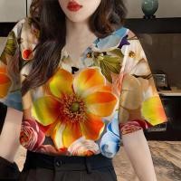 ราคา เสื้อสงกรานต์2568 ลายดอกไม้สีพาสเทล เสื้อยืด oversize ชุดไปคาเฟ่ ผ้าคอตตอนยืดหยุ่น เสื้อผู้หญิงลายดอกไซส์ใหญ่ (24202266493)