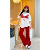 ราคา JZ ชุดเซ็ต 2 ชิ้นผ้าวูลเวฟอย่างดี เสื่อโอเวอร์ไซด์สกีนลายบรา ปักโบว์ กางเกงขายาวขาม้าแต่งแถบ 3 เส้น น่ารักมากๆ (23251213644)