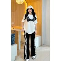 ราคา JZ ชุดเซ็ต 2 ชิ้นผ้าวูลเวฟอย่างดี เสื่อโอเวอร์ไซด์สกีนลายบรา ปักโบว์ กางเกงขายาวขาม้าแต่งแถบ 3 เส้น น่ารักมากๆ (23251213645)