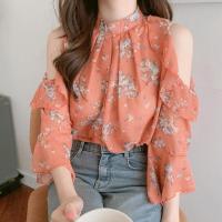 ราคา เสื้อเชิ้ตผ้าชีฟองแขนยาวสไตล์เกาหลีแฟชั่นฤดูใบไม้ผลิและฤดูร้อน ผู้หญิงสาว แขนยาว ลายดอกไม้ คอตั้ง เสื้อเชิ้ต (23463508661)