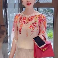 ราคา NIkyLundun เสื้อผ้าผู้หญิงยอดนิยมเสื้อคอเดียวสไตล์ฝรั่งเศสเสื้อชีฟองแบบบางสไตล์จีนทรงหลวมลายดอกไม้เล็กๆฟอง (24422073356)