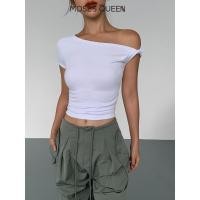 ราคา MOSESQUEEN Black Oblique Neck Off Shoulder T Shirt Womens 2024 Summer New Design Slim fit Short Oblique Shoulder Top 62823 (24336209210)
