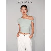 ราคา MOSESQUEEN Black Oblique Neck Off Shoulder T Shirt Womens 2024 Summer New Design Slim fit Short Oblique Shoulder Top 62823 (24336209207)
