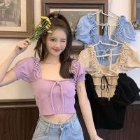 ราคา Aone พร้อมส่ง ใหม่รุ่น E183 เสื้อครอปไหมพรมคอเหลี่ยมแขนสั้นทรงรัดรูปน่ารักแฟชั่นเกาหลี เสื้อแขนตุ๊กตา (4513094892)