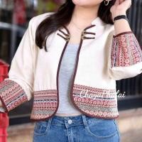 ราคา เสื้อคลุมคอจีน แต่งลายผ้าทอ เสื้อผ้าฝ้าย เสื้อพื้นเมือง (24643415889)