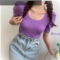 ราคา A one พร้อมส่ง ใหม่ 6711เสื้อยืดผู้หญิงแขนสั้นคอU Halterเสื้อไหมพรมเปิดหลังแขนพัฟสไตล์เกาหลี เสื้อแขนตุ๊กตา (11206464179)