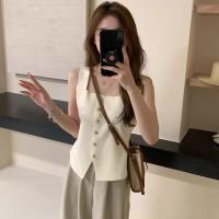 ราคา ohho 69033 เสื้อครอปไหมพรมแขนกุดคอเหลี่ยมฝรั่งเศส เสื้อกั๊กถักนิตติ้งฤดูใบไม้ผลิและฤดูร้อน (22898542291)