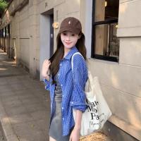 ราคา XANLYSHE เสื้อเชิ้ตคอโปโลลายตารางสีฟ้าของผู้หญิงเสื้อเชิ้ตแขนยาวทรงหลวม (24232175837)