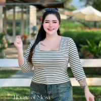 ราคา Plussize เสื้อครอปคอเหลี่ยมลายริ้ว เสื้อสาวอวบ อก 38 52นิ้ว (24148204526)