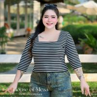 ราคา Plussize เสื้อครอปคอเหลี่ยมลายริ้ว เสื้อสาวอวบ อก 38 52นิ้ว (24148204528)