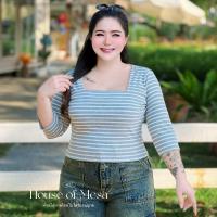 ราคา Plussize เสื้อครอปคอเหลี่ยมลายริ้ว เสื้อสาวอวบ อก 38 52นิ้ว (24148204525)
