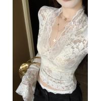 ราคา เสื้อเชิ้ตคอวีแขนกระดิ่งลูกไม้สีขาว ทรงเข้ารูป แขนสั้น ทรงเข้ารูป สไตล์เกาหลี สำหรับผู้หญิงวัย 18 35 ปี (23060969469)