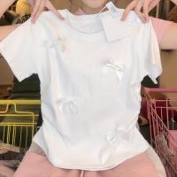 ราคา VINTLOOK DUOHANZI เสื้อยืดแขนสั้นสีชมพูโบว์หวานแหวววเสื้อเอวลอยพอดีตัวสไตล์ใหม่สำหรับนักเรียนฤดูร้อน (24390722525)
