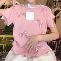ราคา VINTLOOK DUOHANZI เสื้อยืดแขนสั้นสีชมพูโบว์หวานแหวววเสื้อเอวลอยพอดีตัวสไตล์ใหม่สำหรับนักเรียนฤดูร้อน (24390722537)