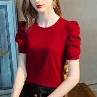 ราคา Women Short Puff Sleeve Tops French Style Womens Short Sleeve Cotton T Shirt Casual O Neck Vintage Fashion Tees (24191950763)