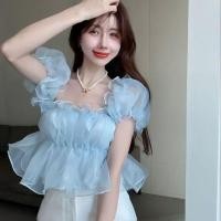 ราคา NIkyLundun เสื้อเปิดไหล่สีล้วนเสื้อชีฟองแขนพองดูผอมเปิดไหล่แบบใหม่ฤดูร้อน (24329526890)