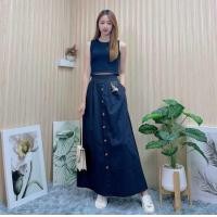 ราคา กระโปรงยีนส์ทรงบานยาว 100ZQ สม็อคหลังกระเป๋าสองข้าง แต่งกระดุมหน้า (24330847086)