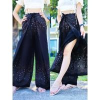 ราคา กางเกงผูกสี่สาย กางเกงขายาว งานผ้าผลิตในไทย กางเกงลายช้าง ผ่าข้าง แหวกข้าง โบฮีเมียน เรยอน ฟรีไซส์ (22679525430)