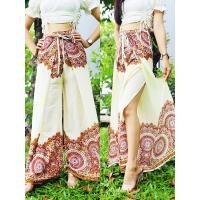 ราคา กางเกงผูกสี่สาย กางเกงขายาว งานผ้าผลิตในไทย กางเกงลายช้าง ผ่าข้าง แหวกข้าง โบฮีเมียน เรยอน ฟรีไซส์ (22679525421)