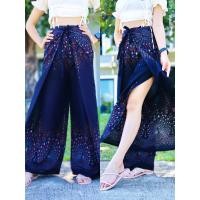 ราคา กางเกงผูกสี่สาย กางเกงขายาว งานผ้าผลิตในไทย กางเกงลายช้าง ผ่าข้าง แหวกข้าง โบฮีเมียน เรยอน ฟรีไซส์ (22679525429)