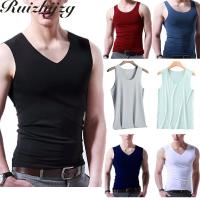ราคา เสื้อกล้ามผู้ชาย Ruizhijzg L 5XLเสื้อกล้ามไร้รอยต่อผ้าไอซ์ซิลค์คอวีสีขาวดำเทาเข้มสำหรับฤดูร้อนไซส์ใหญ่พิเศษ L XL XXL XXXL 4XL 5XL (24334200483)