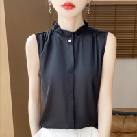 ราคา เสื้อเชิ้ตแขนกุดคอตั้งสไตล์ฝรั่งเศส ผ้าซาติน เสื้อชั้นในลายดอกไม้ ทรงหลวม สไตล์ฤดูร้อน เสื้อกั๊กผู้หญิง (23860538075)