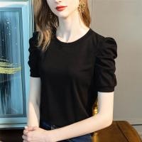 ราคา Women Short Puff Sleeve Tops French Style Womens Short Sleeve Cotton T Shirt Casual O Neck Vintage Fashion Tees (24191950758)