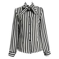 ราคา เสื้อเชิ้ตคอตั้งลายทางสีดำขาวแขนยาวสำหรับผู้หญิง 2025 ชุดทำงานโรงแรม กระดุมแถวเดียว ผูกโบว์ผีเสื้อ เสื้อเชิ้ตผู้หญิง (24454581208)