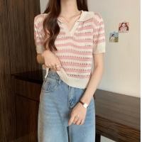 ราคา เสื้อไหมพรมคอปกแขนสั้น ลายทาง ร่องใหญ่ สีพื้นพาสเทล แต่งคอวีหน้าน่ารักมินิมอล (23712590628)