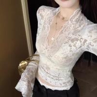 ราคา กลวงออกสีขาว เสื้อลูกไม้คอวีแขนยาว ของผู้หญิง เสื้อทรงสลิมฟิตเซ็กซี่ (24469970264)