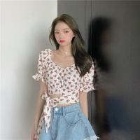 ราคา เสื้อยืดเอวลอย เสื้อยืดครอป เสื้อแขนสั้นผูกข้างเอวลายดอกไม้สำหรับผู้หญิงราคาขายส่งเนื่อผ้าดี เสื้อแขนตุ๊กตา (15029021778)