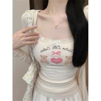 ราคา Cute Girl Camisole Dopamine Pink Bear Pattern Bowknot Lace Neck Tank Top Plain Bottom Pink Polka Dot Basic Casual Women Camisole (22944237307)