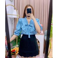 ราคา เสื้อผูกโบว์ระบายอกแขนตุ๊กตาลายจุด (22720861228)