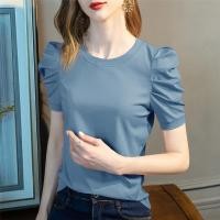 ราคา Women Short Puff Sleeve Tops French Style Womens Short Sleeve Cotton T Shirt Casual O Neck Vintage Fashion Tees (24191950764)