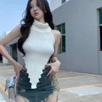 ราคา XANLYSHE เสื้อกล้ามไหมพรมหลังเปิดสูงคอสูงสำหรับผู้หญิงดีไซน์ทันสมัย (24278591899)