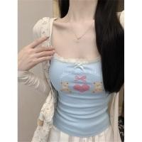 ราคา Cute Girl Camisole Dopamine Pink Bear Pattern Bowknot Lace Neck Tank Top Plain Bottom Pink Polka Dot Basic Casual Women Camisole (22944237308)