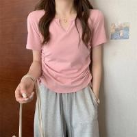ราคา เสื้อยืดสตรีแขนสั้นคอวีสไตล์เกาหลี (23707946135)