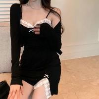 ราคา พร้อมส่ง เดรสสายเดี่ยวเเฟชั่นเเต่งลูกไม้น่ารักๆ สีดำทึบ (20871401920)