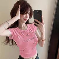 ราคา เสื้อยืดแขนสั้นคอปีกปักลายโบว์ สำหรับสาวๆ (24413313509)