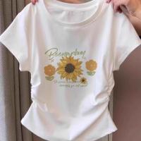 ราคา เสื้อยืดผู้หญิง เสื้อผ้าแฟชั่นตามกระแส เสื้อครอปเอวลอยรัดรูป เสื้อยืดสวยๆผู้หญิง เสื้อผ้าสไตล์ญี่ปุ่นน่ารักๆ ผอมเพรียว ผู้หญิงเสื้อยืด แต่งจีบย่นเสื้อยืดคอกลม Clothing Women (23654092194)